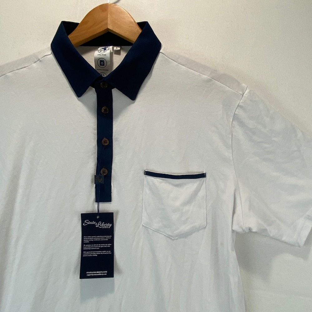 State & Liberty Athletic Fit Polo Mens L White Navy Blue Performance Stretch
